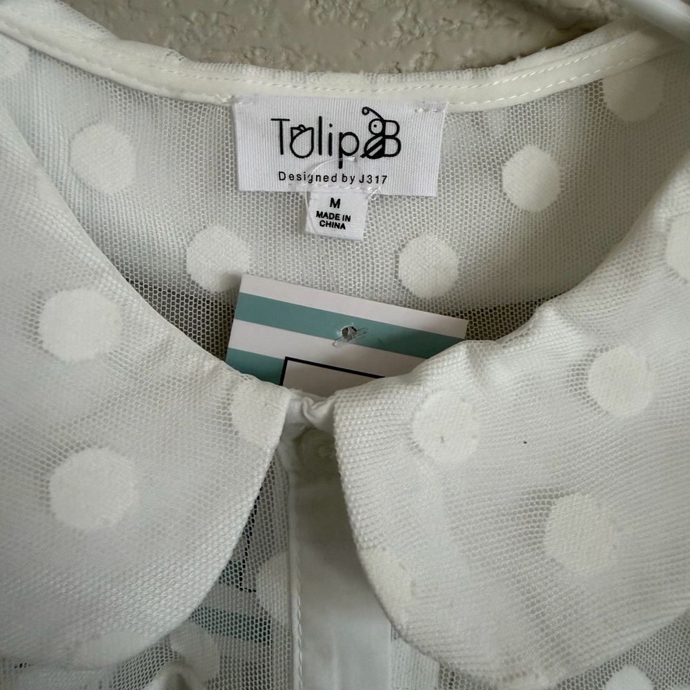 Women's White Polka Dot Peter Pan Collar Blouse - Picture 4 of 5